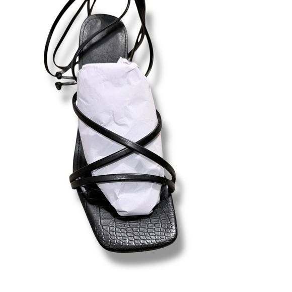 NIB Black Crocodile Embossed Square Toe Lace Up High Heel Sandals Women US 8 - Picture 3 of 9